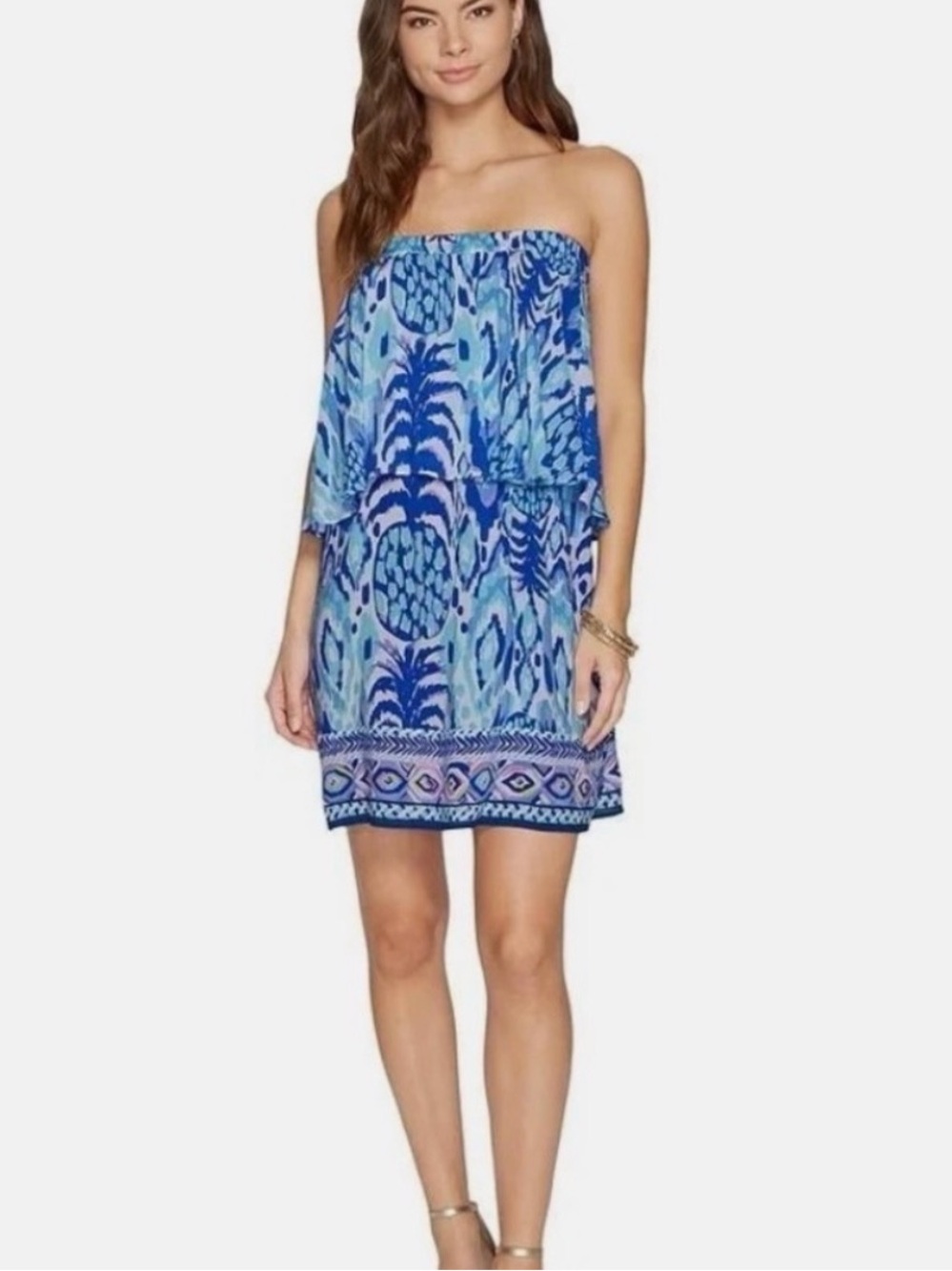 Lilly Pulitzer Blue Patterned Strapless Swing Dress Ruffles Flattering Coverup